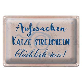 Blechschild Spruch 30x20cm Aufwachen Katze streicheln