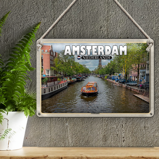 Blechschild Reise 30x20cm Amsterdam Niederlande Grachtenfahrt Fluss