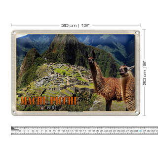 Blechschild Reise 30x20cm Machu Picchu Ruinen der Inka-Stadt Lamas