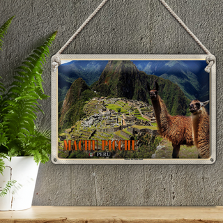 Blechschild Reise 30x20cm Machu Picchu Ruinen der Inka-Stadt Lamas