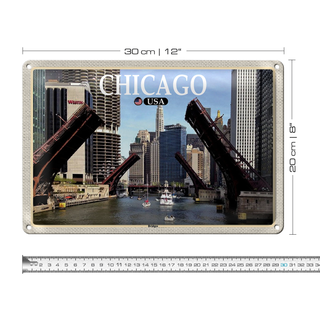 Blechschild Reise 30x20cm Chicago USA Bridges Brücken Fluss