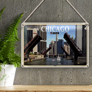 Blechschild Reise 30x20cm Chicago USA Bridges Brücken Fluss