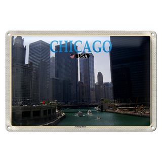 Blechschild Reise 30x20cm Chicago USA Chicago River Fluss Hochhäuser