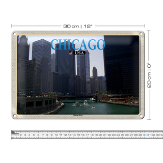 Blechschild Reise 30x20cm Chicago USA Chicago River Fluss Hochhäuser