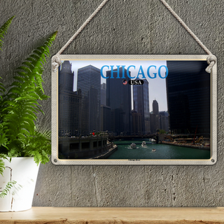 Blechschild Reise 30x20cm Chicago USA Chicago River Fluss Hochhäuser