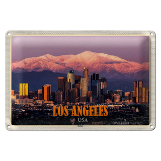 Blechschild Reise 30x20cm Los Angeles Skyline Berge Wolkenkratzer