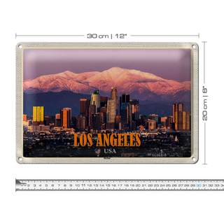 Blechschild Reise 30x20cm Los Angeles Skyline Berge Wolkenkratzer