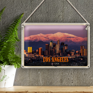 Blechschild Reise 30x20cm Los Angeles Skyline Berge Wolkenkratzer