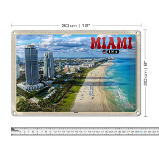 Blechschild Reise 30x20cm Miami USA Strand Hochhäuser Meer Urlaub