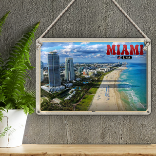 Blechschild Reise 30x20cm Miami USA Strand Hochhäuser Meer Urlaub