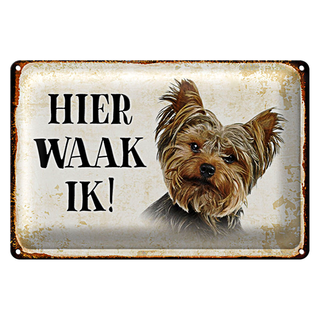 Blechschild Spruch 30x20cm holländisch Hier Waak ik Yorkshire Terrier