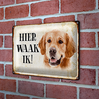 Blechschild Spruch 30x20cm holländisch Hier Waak ik Golden Retriever