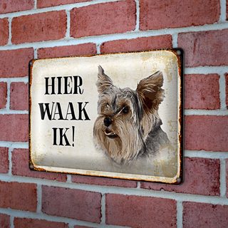 Blechschild Spruch 30x20cm holländisch Hier Waak ik Yorkshire Terrier Hund