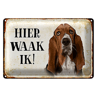 Blechschild Spruch 30x20cm holländisch Hier Waak ik Bassett Hund
