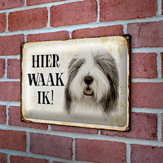 Blechschild Spruch 30x20cm holländisch Hier Waak ik Bobtail Hund
