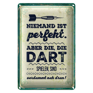 Blechschild Spruch 20x30cm Niemand ist perfekt. Aber die, die Dart spielen