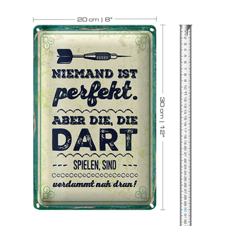 Blechschild Spruch 20x30cm Niemand ist perfekt. Aber die, die Dart spielen