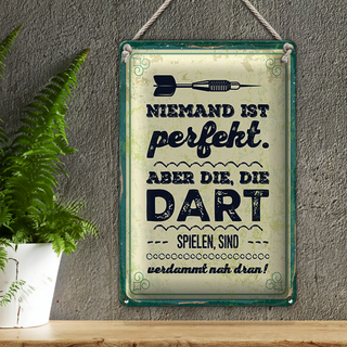 Blechschild Spruch 20x30cm Niemand ist perfekt. Aber die, die Dart spielen