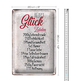 Blechschild Spruch 20x30cm Rezept Glück Zutaten