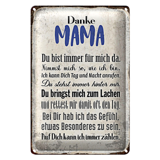 Blechschild Spruch 20x30cm Danke Mama du bist für mich da
