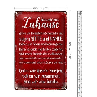 Blechschild Spruch 20x30cm Zuhause sind wir eine Familie