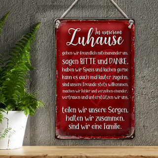 Blechschild Spruch 20x30cm Zuhause sind wir eine Familie