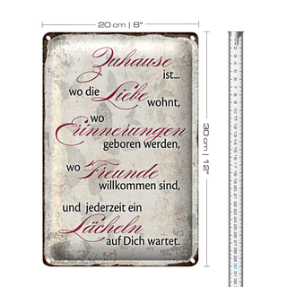 Blechschild Spruch 20x30cm Zuhause Liebe Freunde Lächeln