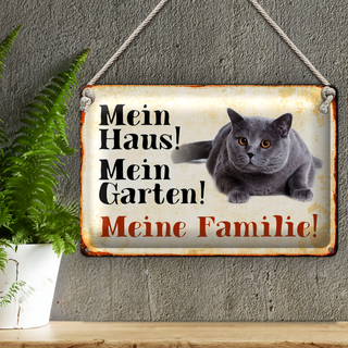 Blechschild Katze 30x20cm mein Haus mein Garten Familie