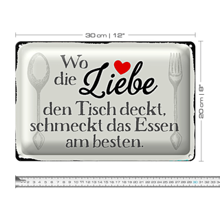 Blechschild Spruch 30x20cm wo Liebe den Tisch deckt Essen