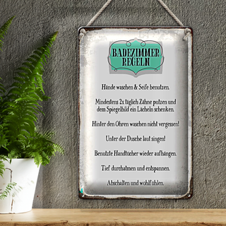 Blechschild Spruch 20x30cm Badezimmer Regeln Hände waschen
