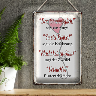 Blechschild Spruch 20x30cm Angst Erfahrung Zweifel Herz
