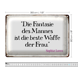 Blechschild Spruch 30x20cm Fantasie des Mannes beste Waffe