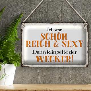 Blechschild Spruch 30x20cm ich schön reich sexy dann Wecker