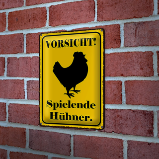 Blechschild Hinweis 20x30cm Vorsicht spielende Hühner Warnschild