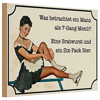 Holzschild Spruch 30x20cm 7-Gang-Menü Mann Wurst Bier