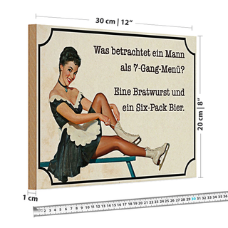 Holzschild Spruch 30x20cm 7-Gang-Menü Mann Wurst Bier