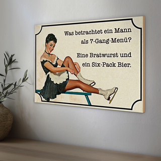 Holzschild Spruch 30x20cm 7-Gang-Menü Mann Wurst Bier