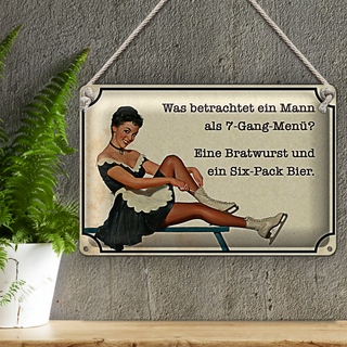 Blechschild Spruch 30x20cm 7-Gang-Menü Mann Wurst Bier