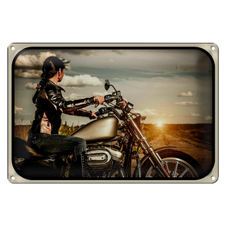 Blechschild Motorrad 30x20cm Frau Girl Sonnenaufgang