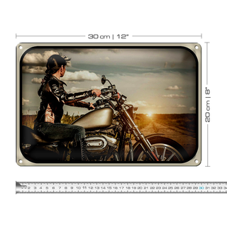 Blechschild Motorrad 30x20cm Frau Girl Sonnenaufgang