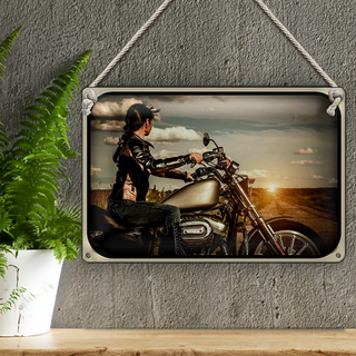 Blechschild Motorrad 30x20cm Frau Girl Sonnenaufgang