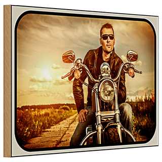 Holzschild Motorrad 30x20cm Mann Biker Sonnenuntergang