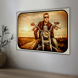 Holzschild Motorrad 30x20cm Mann Biker Sonnenuntergang