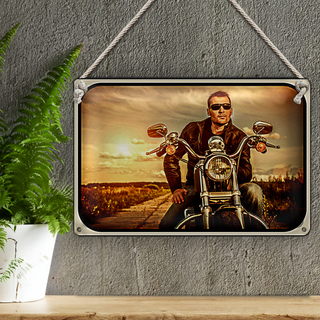 Blechschild Motorrad 30x20cm Mann Biker Sonnenuntergang