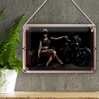 Blechschild Motorrad 30x20cm Bike Girl Pinup Frau Tattoo