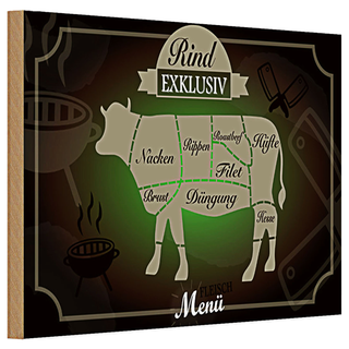 Holzschild Fleisch 30x20cm Schnitte Rind exklusiv Menü