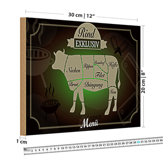 Holzschild Fleisch 30x20cm Schnitte Rind exklusiv Menü