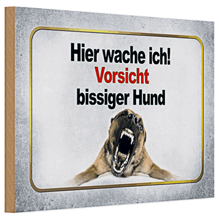 Holzschild Vorsicht 30x20cm hier wache ich bissiger Hund