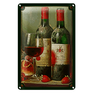 Blechschild Kunst 20x30cm Stillleben Rotwein Erdbeeren Obst