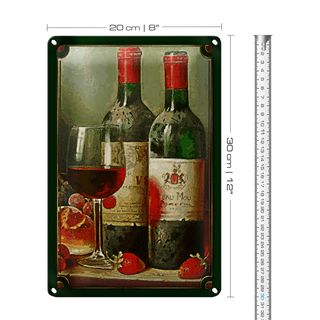 Blechschild Kunst 20x30cm Stillleben Rotwein Erdbeeren Obst
